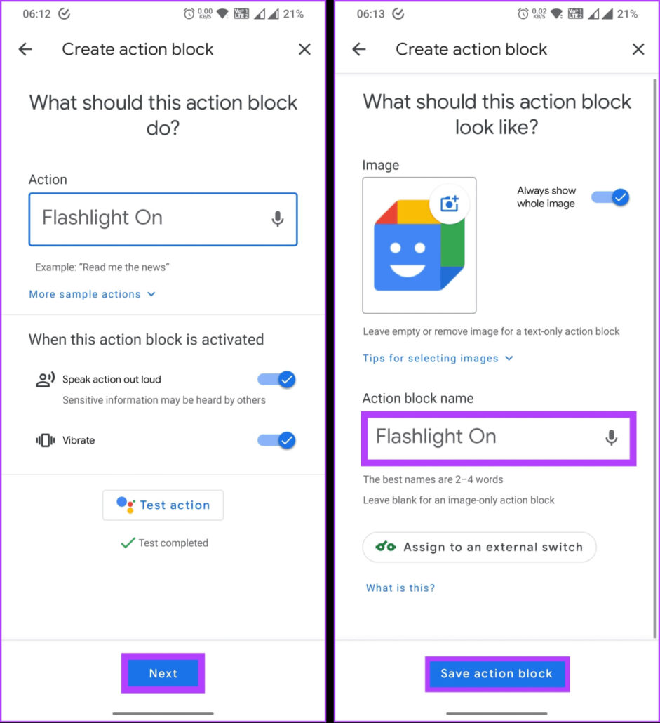 در بخش «Action block name» باید «Flashlight On» را تایپ کنید و بعد بر روی «Save action block» ضربه بزنید
