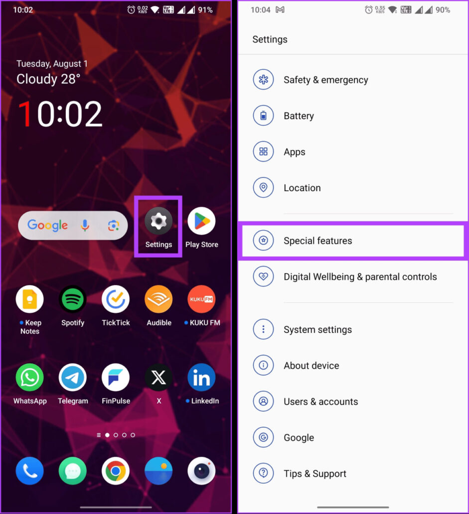 برنامه‌ی تنظیمات (Settings) گوشی را باز کنید. به پایین صفحه اسکرول کرده و «Special features» را انتخاب نمایید