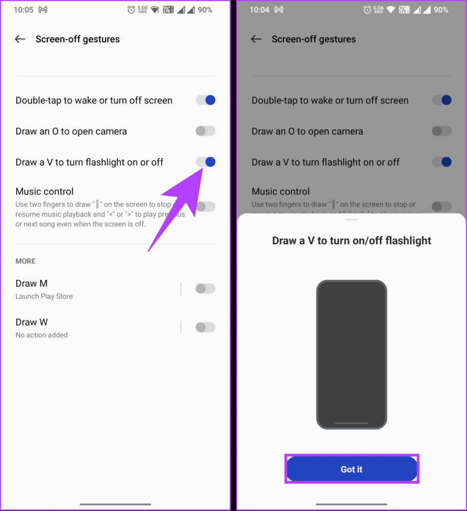سوییچ «Draw a V to turn flashlight on or off» را فعال کنید و بر روی «Got it» ضربه بزنید