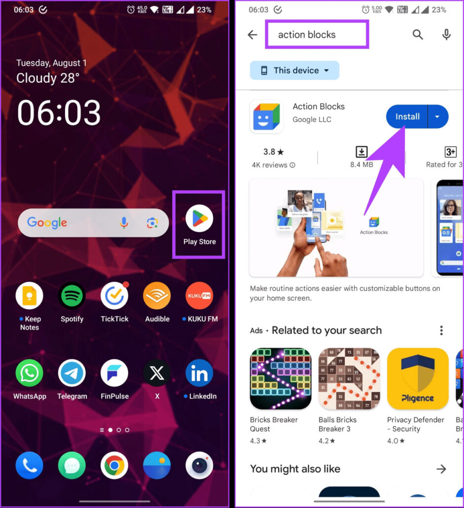 به پلی استور گوگل بروید و بعد از دانلود «Action Block»، آن را نصب کنید