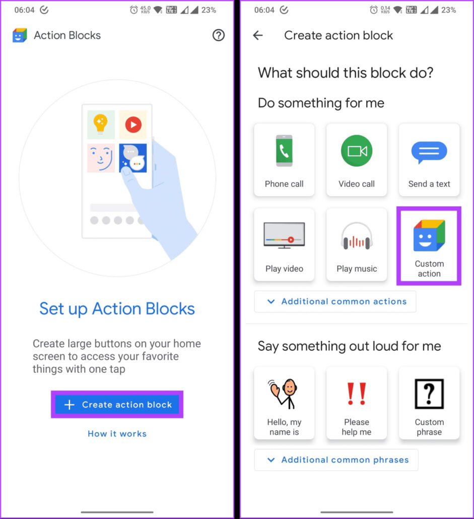 حالا باید بر روی «Create action block» ضربه بزنید و در صفحه‌ی بعدی، «Custom action» را انتخاب کنید