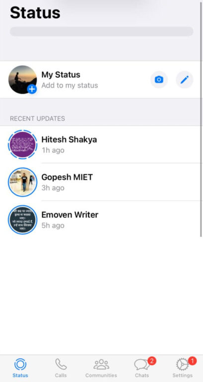 بر روی آیکون «+» در کنار «My Status» در بالای صفحه ضربه بزنید