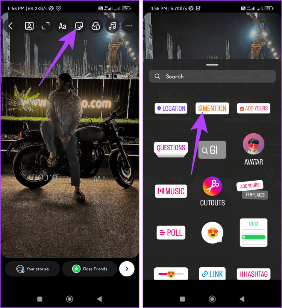 از بالای صفحه بر روی آیکون استیکرها ضربه بزنید و «Mention» را در میان گزینه‌ها انتخاب کنید