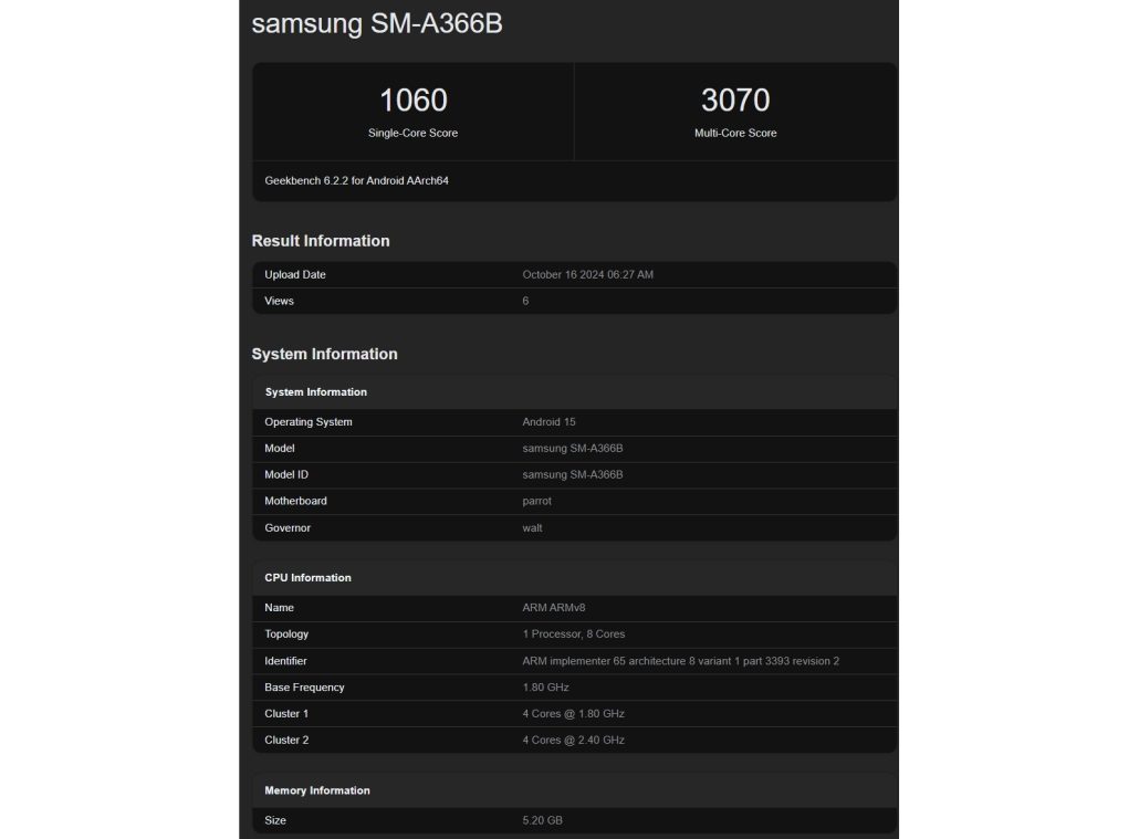 گلکسی A36 با اندروید 15 در بنچمارک گیک‌بنچ رؤیت شد!