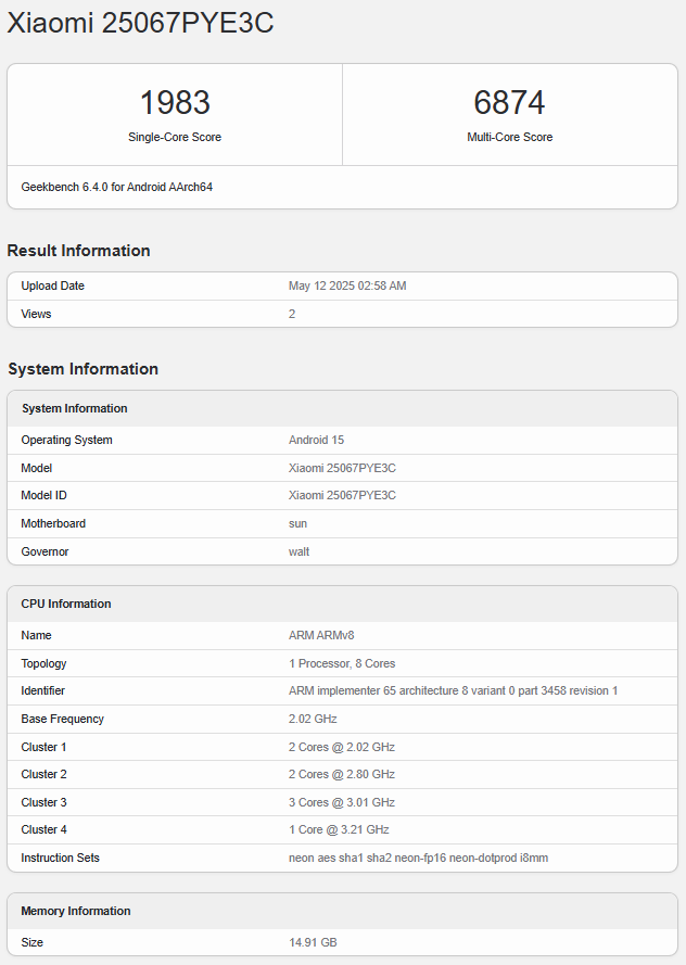 شیائومی سیوی 5 پرو با اسنپدراگون 8s نسل 4 در گیکبنچ مشاهده شد