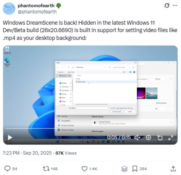 تصاویر پسزمینه ویدیویی پس از تقریباً دو دهه به ویندوز ۱۱ بازمیگردند!