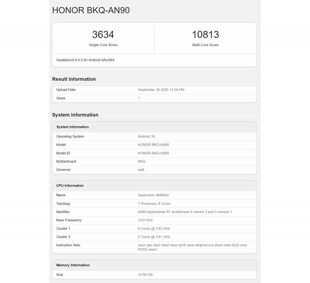 آنر مجیک ۸ پرو با اسنپدراگون ۸ الیت نسل ۵ در گیکبنچ مشاهده شد