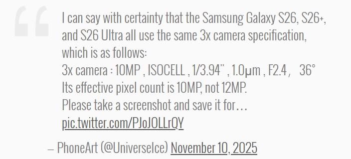 آیس‌یونیورس: سری گلکسی S26 از همان دوربین 10 مگاپیکسلی ISOCELL 3x استفاده خواهد کرد!