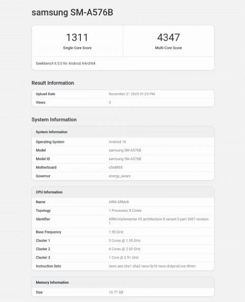 گلکسی A57 سامسونگ در بنچمارک گیک بنچ رویت شد