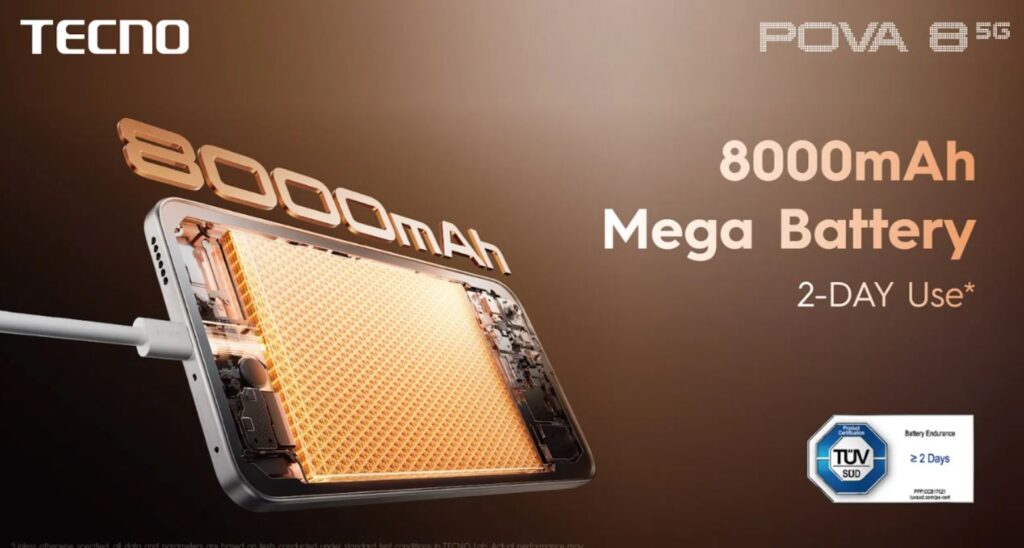 تکنو پووا ۸ فایوجی (TECNO POVA 8 5G) با باتری غول‌پیکر ۸۰۰۰ میلی‌آمپر ساعتی و نمایشگر زنده ماتریکس